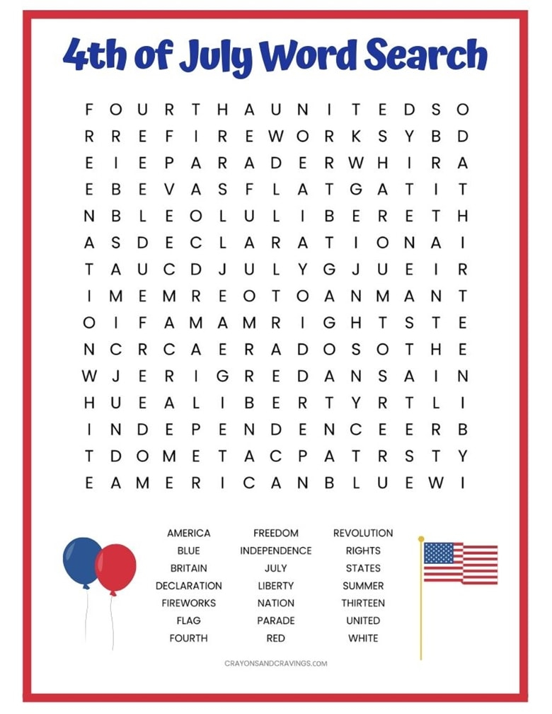 4th Of July Word Search Free Printable Worksheet