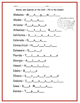 50 States And Capitals Printable Worksheet Fill In The Blanks TPT