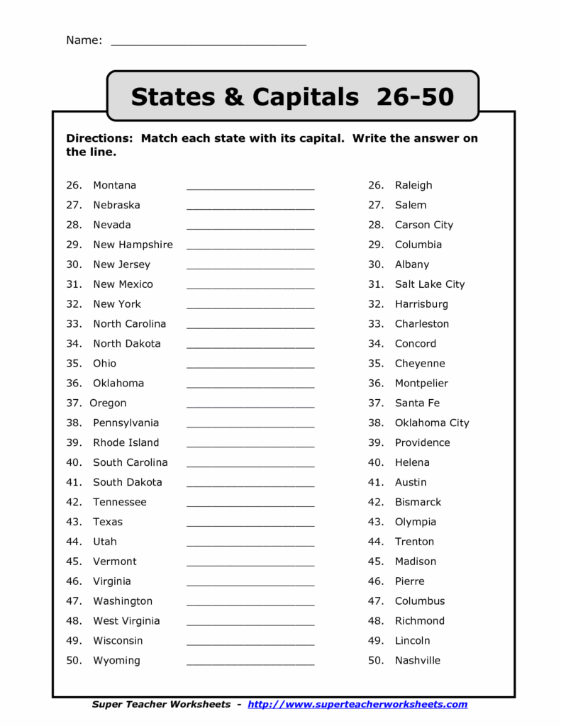 50 States And Capitals Printable Worksheets