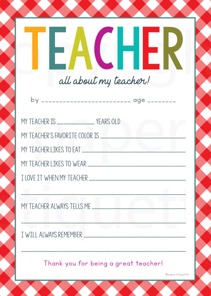All About My Teacher Printable Teacher Appreciation Week End Etsy