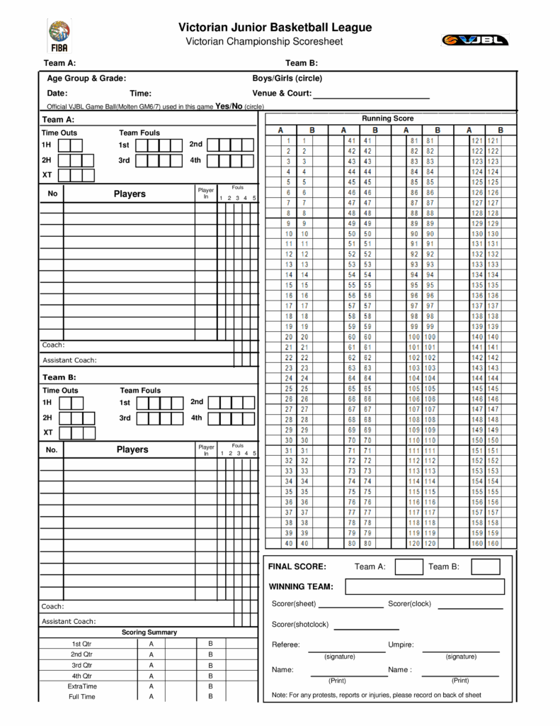 Basketball Score Sheet Free Printable