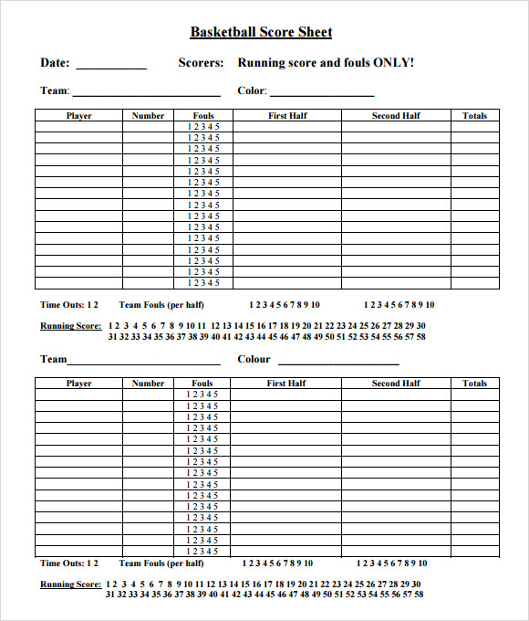 Basketball Score Sheet Printable PDF