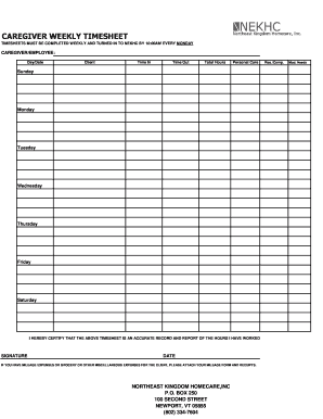 Caregiver Free Printable Weekly Timesheets