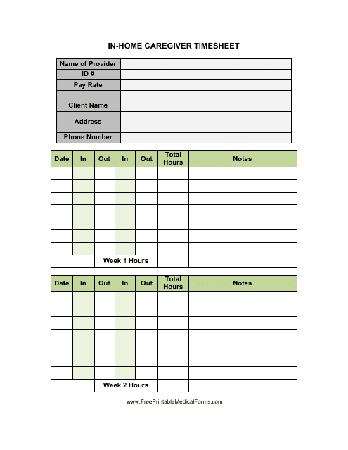 Caregiver Free Printable Weekly Timesheets