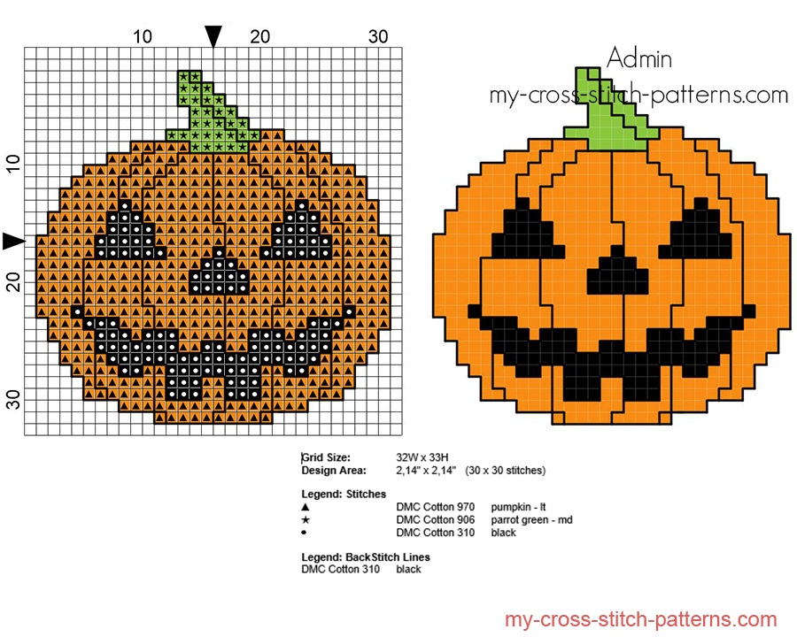 Cross stitch pattern small halloween pumpkin with black eyes and mouth 