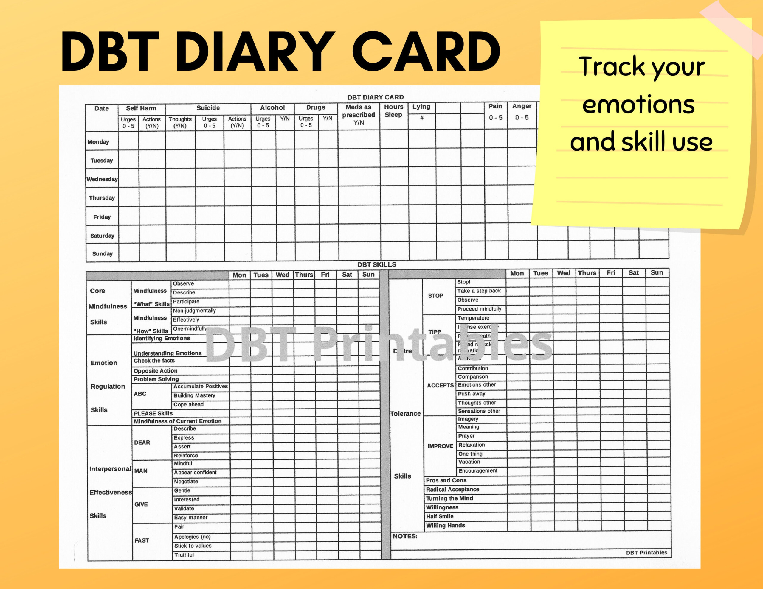 DBT Diary Card Printable BPD Skills Tracker Dialectical Behavior