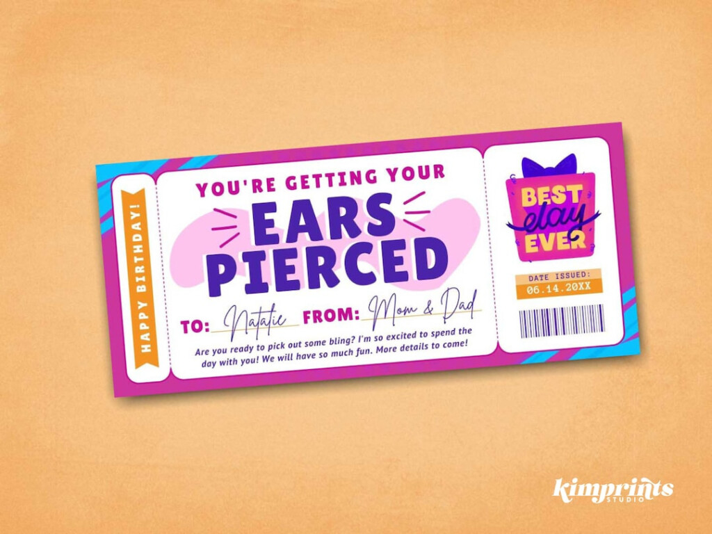 Ear Piercing Ticket Template Piercing Souvenir Voucher Ears Pierced 