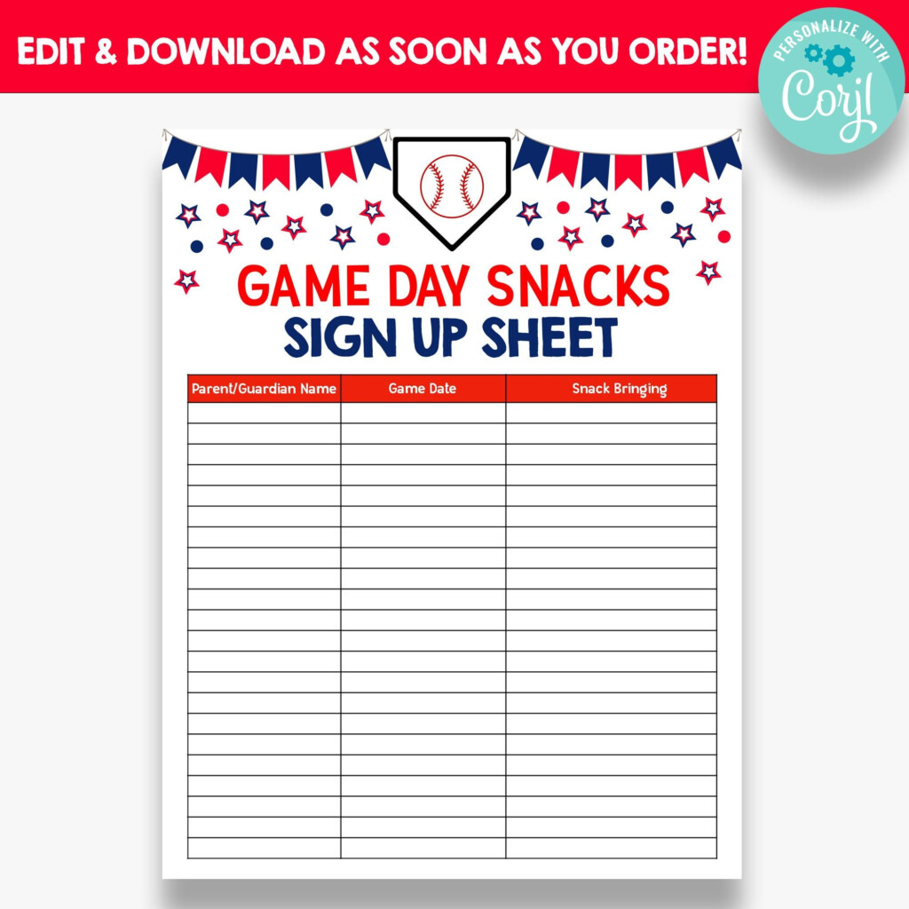 EDITABLE Baseball Snack Sign Up Sheet Game Day Snacks Sign Up 