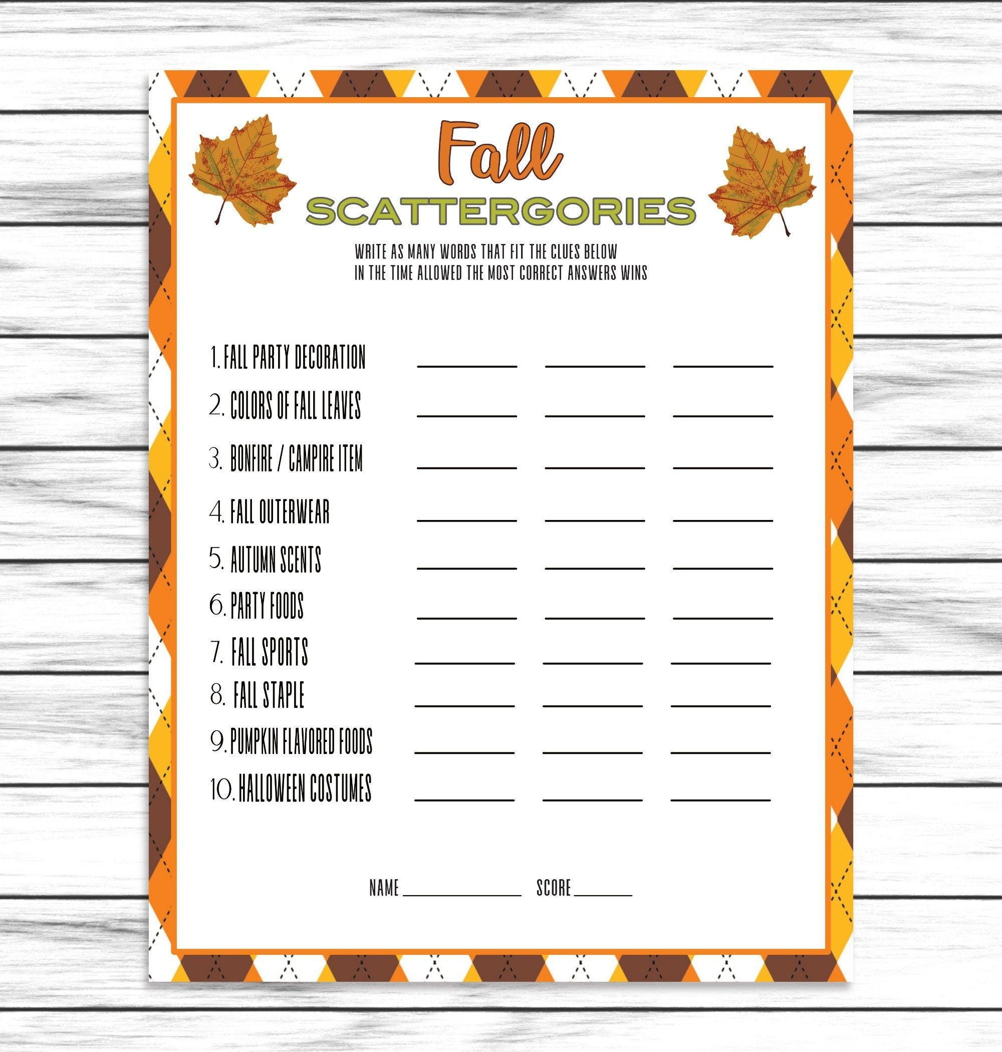 Fall Scattergories Game Printable Or Virtual Game For Adults Etsy