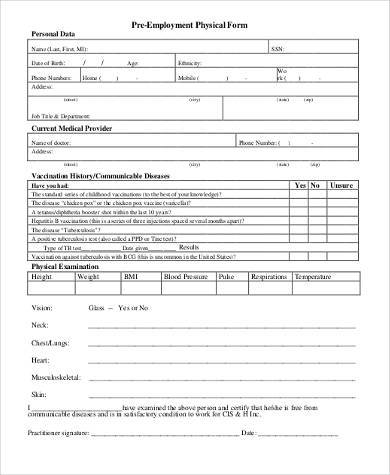 FREE 11 Pre Employment Physical Form Samples PDF MS Word Google Docs