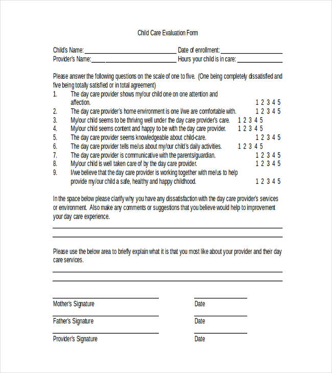 FREE 7 Sample Child Care Evaluation Forms In MS Word PDF
