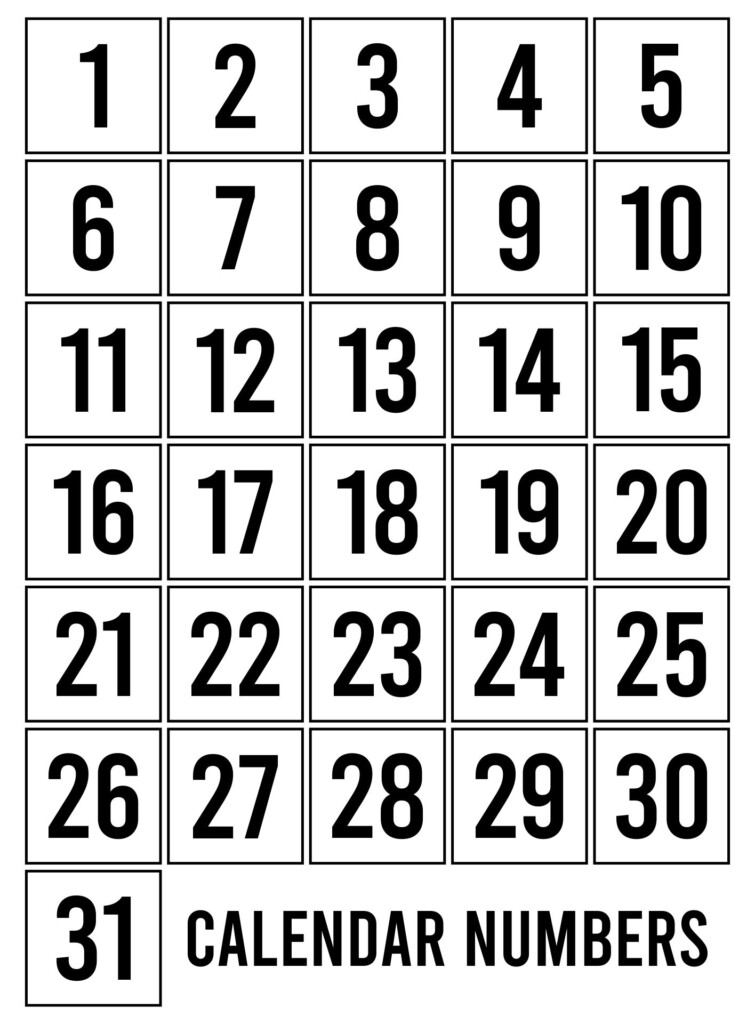 Free Calendar Numbers Printable PDF