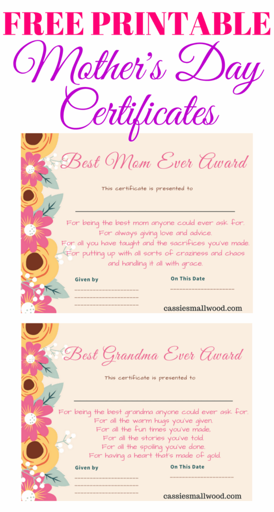 Free Mother 39 s Day Printable Certificate Awards For Mom And Grandma 