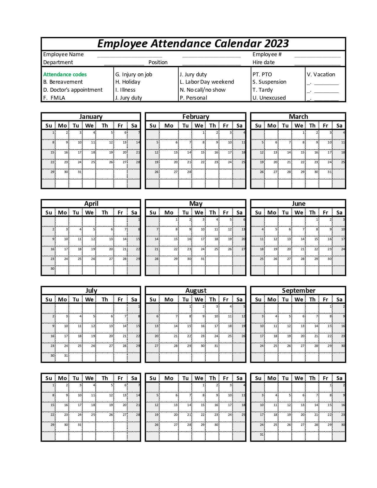 Free Printable 2025 Employee Attendance Calendar Free Download