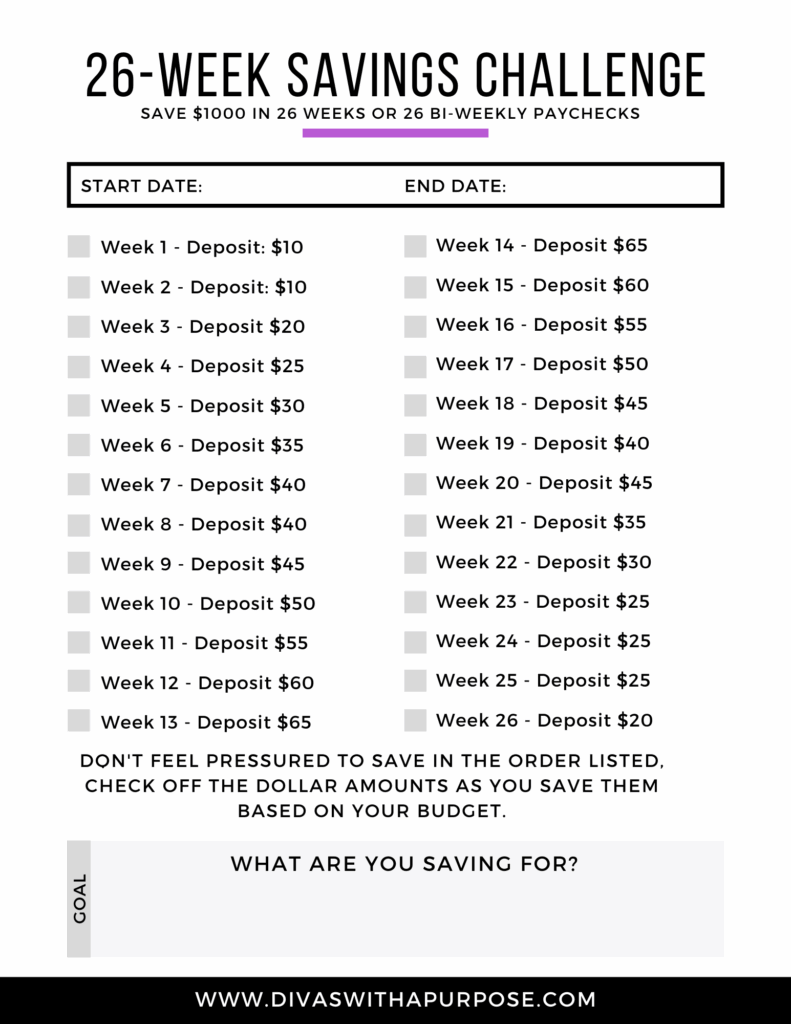 Free Printable 26 Week Money Challenge