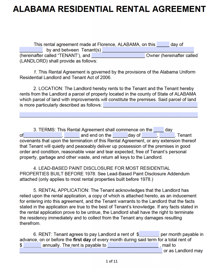 Free Printable Alabama Residential Lease Agreement