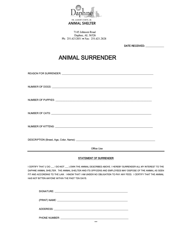Free Printable Animal Surrender Form Fill Out Sign Online DocHub