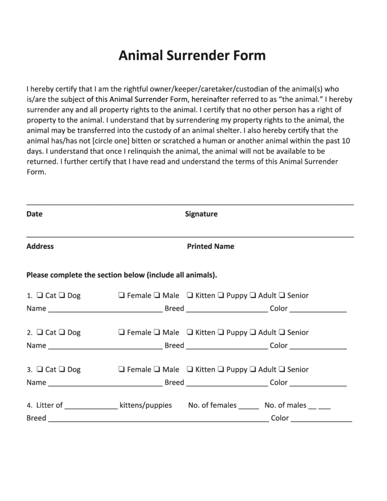 Free Printable Animal Surrender Form Web Animal Surrender Form Animal 