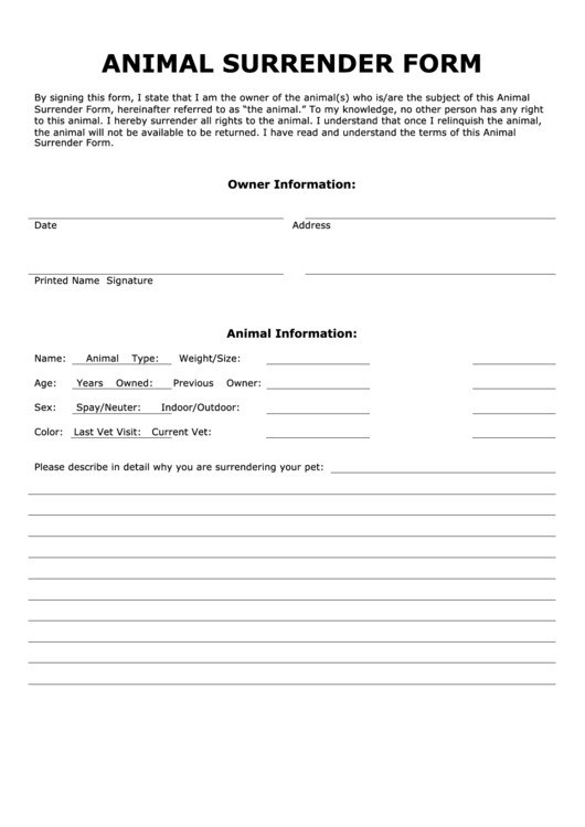 Free Printable Animal Surrender Form