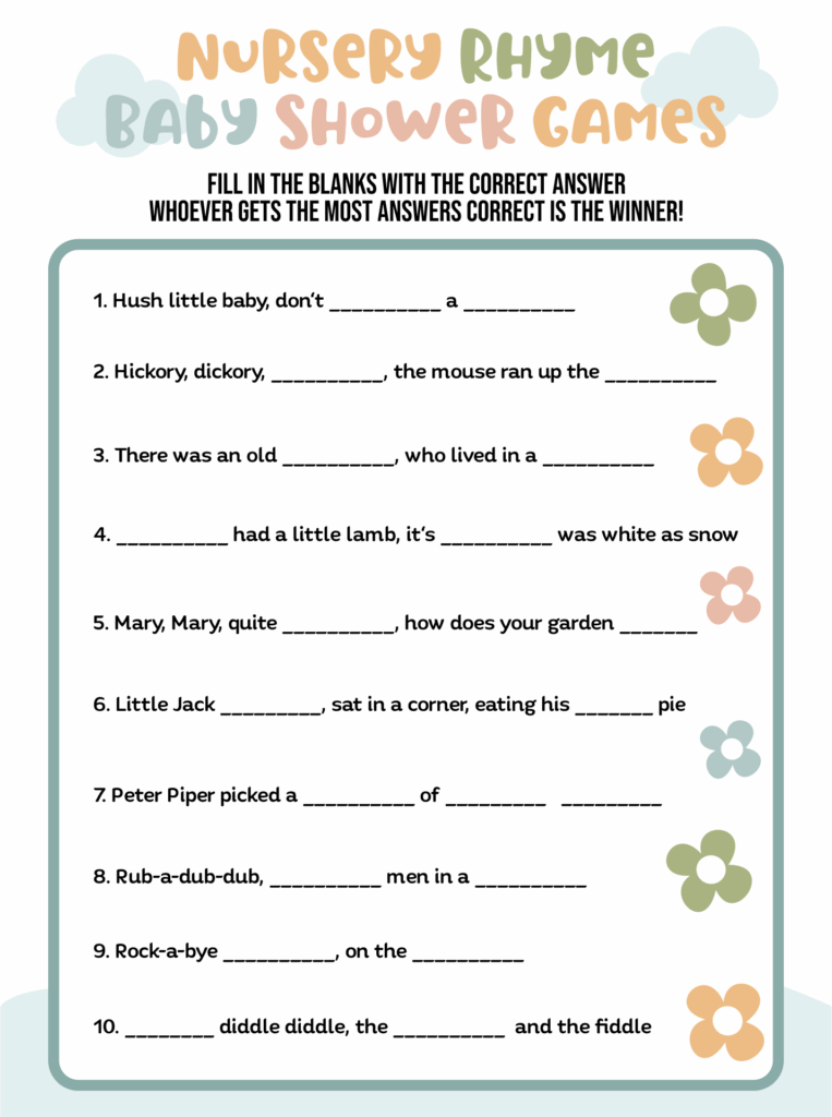 Free Printable Baby Shower Nursery Rhyme Games With Answer Key Prntbl 