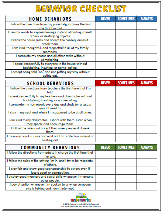 Free Printable Behavior Worksheets