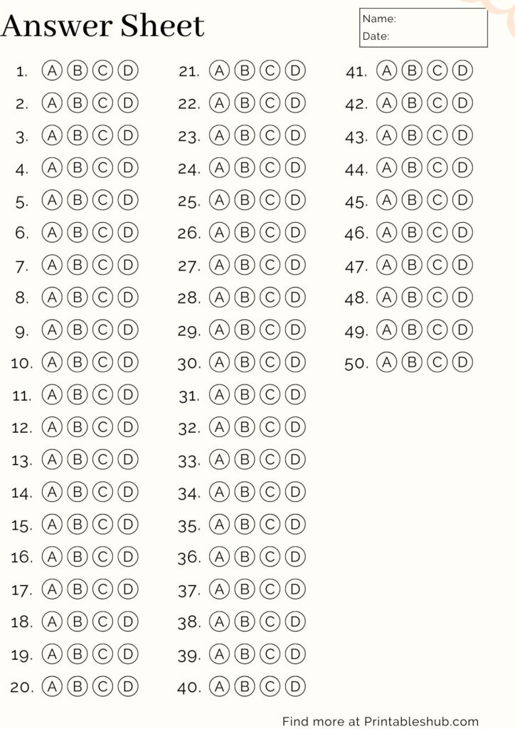 Free Printable Blank Answer Sheet Templates 1 10 1 20 1 30 1 40 1 
