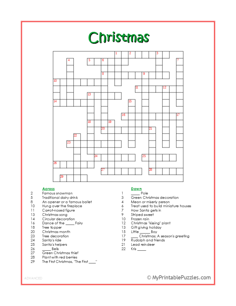 Free Printable Christmas Crossword Puzzle
