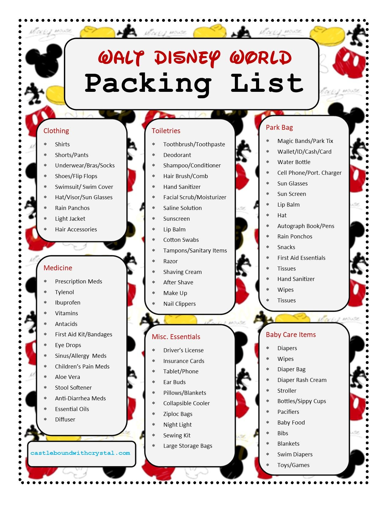 Free Printable Disney Packing Checklist Printable Calendars AT A GLANCE