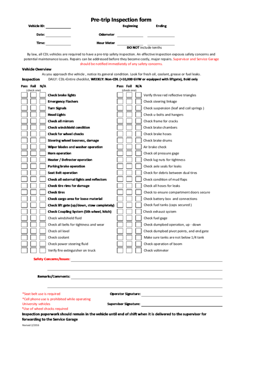 Free Printable Dot Pre Trip Inspection Form Printable Templates