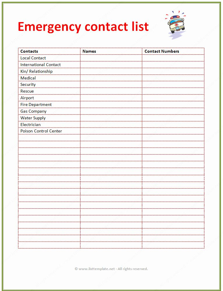 Free Printable Emergency Contact List