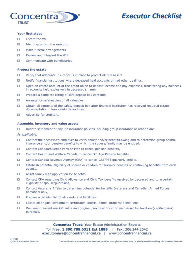 Free Printable Executor Checklist Erika Printable