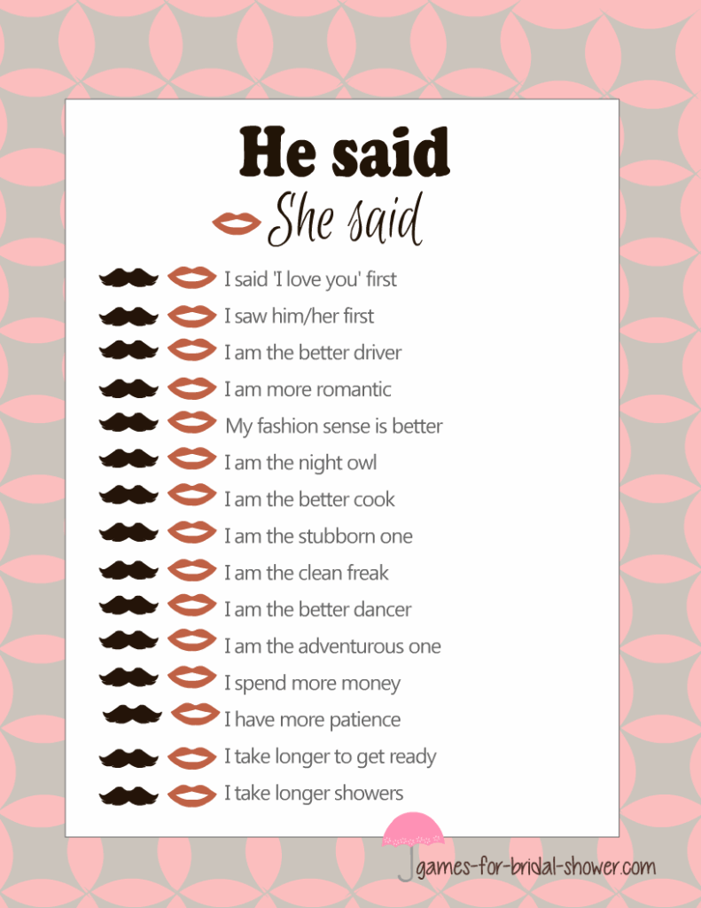Free Printable He Said She Said Bridal Shower Game