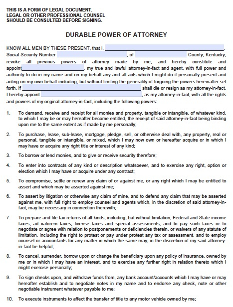 Free Printable Medical Power Of Attorney Form Kentucky