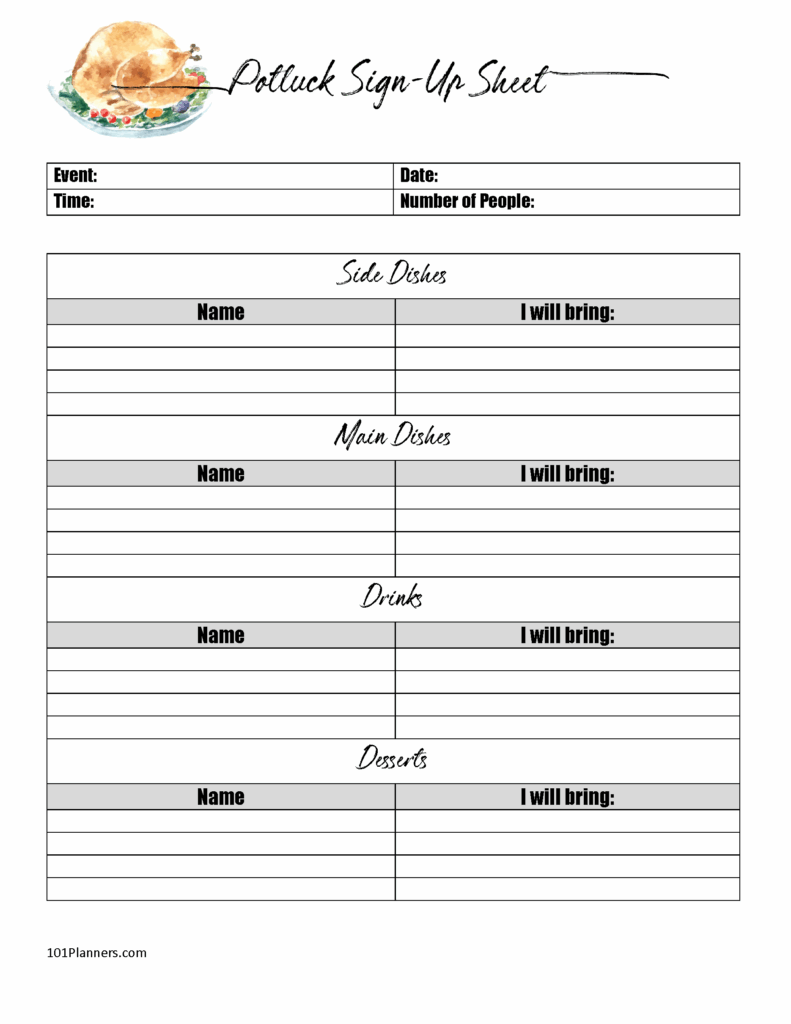 Free Printable Potluck Sign Up Sheet Template