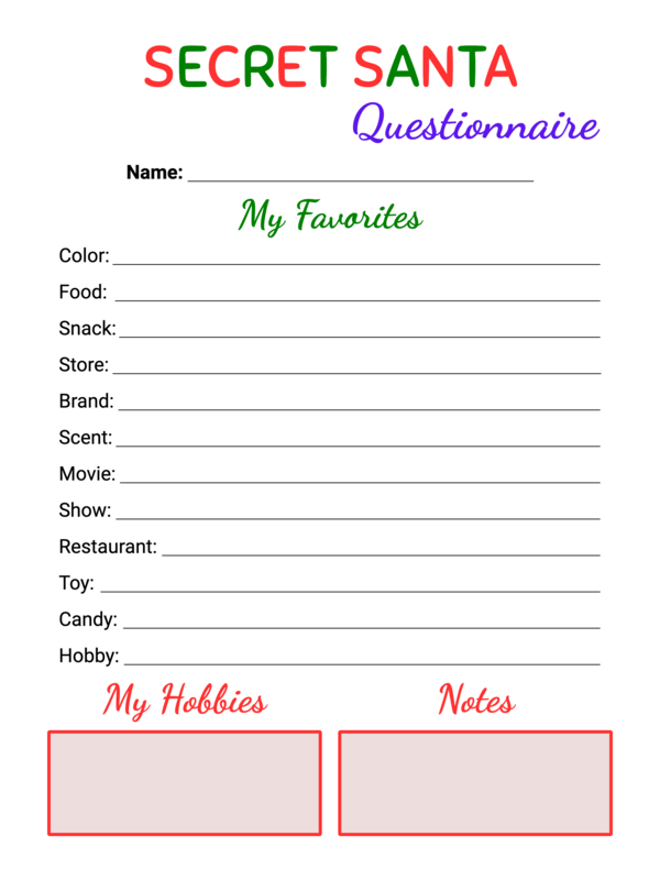Free Printable Simple Style Secret Santa Questionnaire Template InkPx