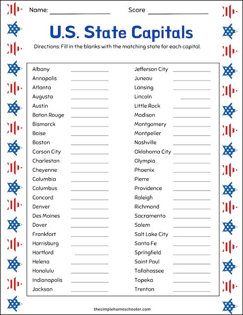 Free States Capitals Worksheet Packet Easy Print The Simple 