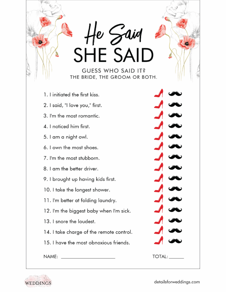 He Said She Said Bridal Shower Game Free Printable Details For Weddings