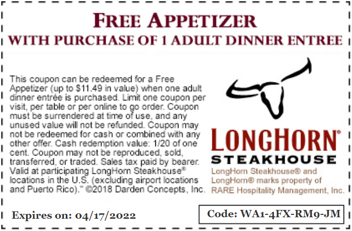 Longhorn Free Appetizer Printable Coupon 2024