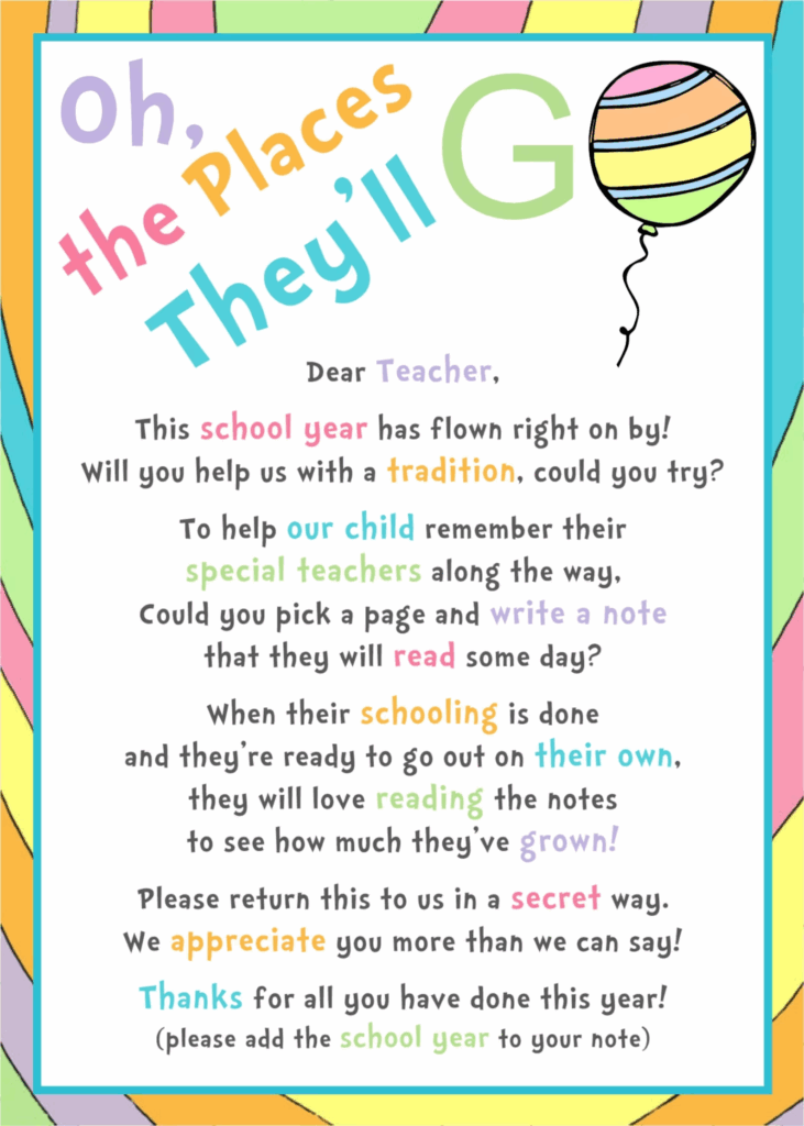 Oh The Places You 39 ll Go Instruction Letter For Teachers To Sign Book 