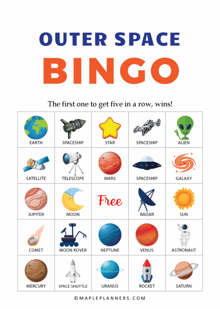 Outer Space Bingo Free Printable Outer Space Game For Kids Space 