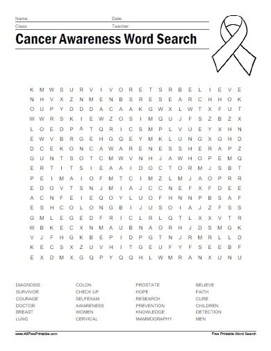 Print Cancer Awareness Word Search Free Printable