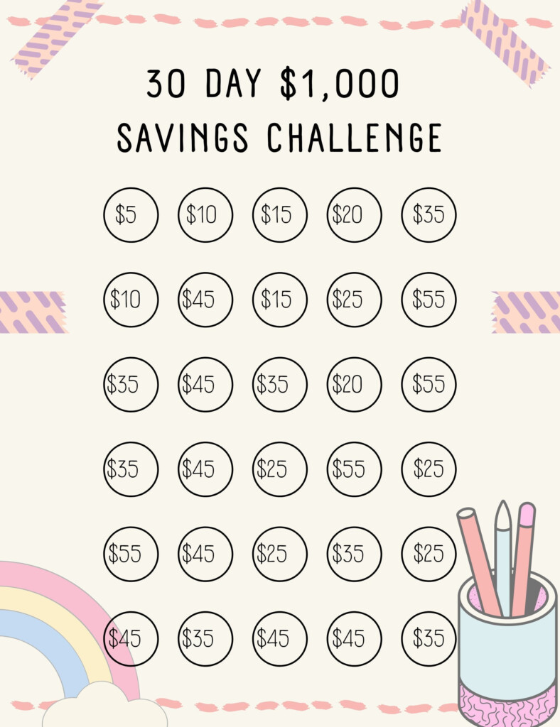 Printable 30 Day Money Savings Challenge Save 1000 In 30 Etsy