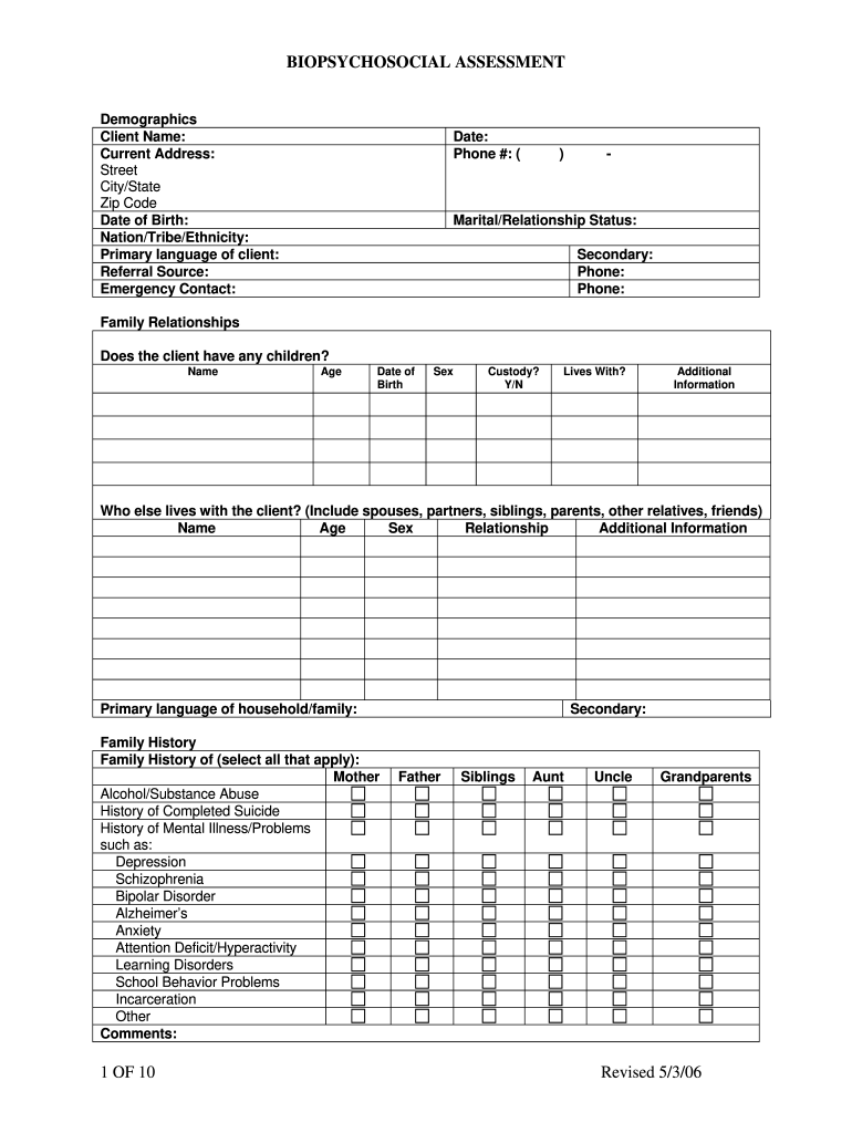 Printable Biopsychosocial Assessment Template Doc Free Templates