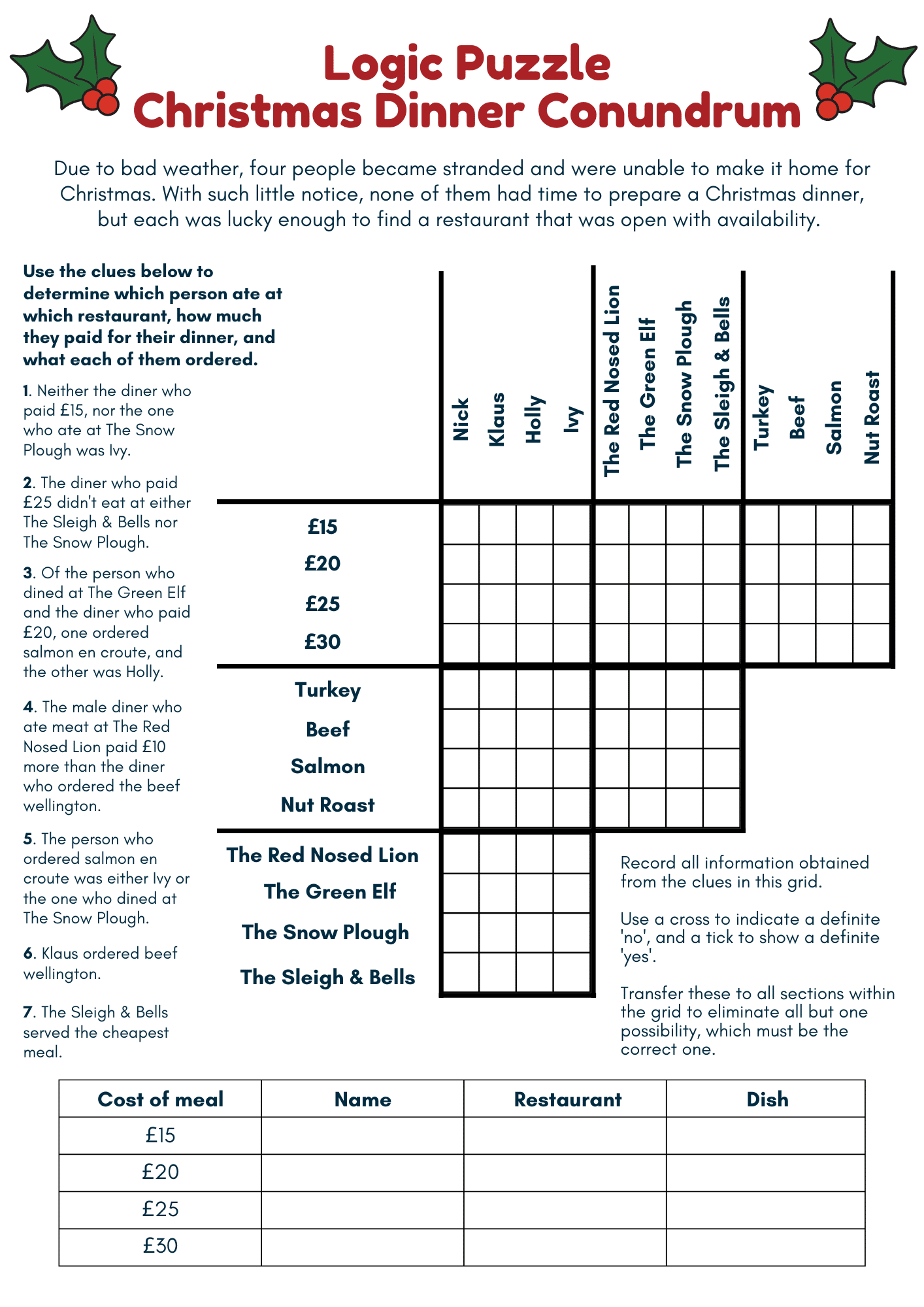 Printable Christmas Logic Puzzles