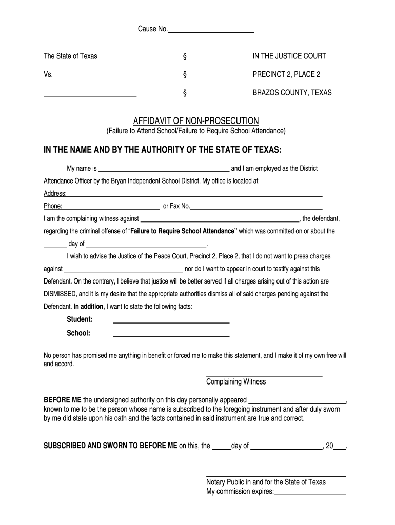 Printable Free Affidavit Of Non Prosecution Form Texas Fill Out Sign