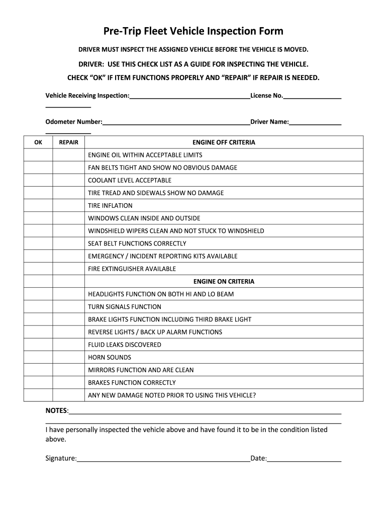 Printable Free Dot Pre Trip Inspection Form Pdf Printable Word Searches