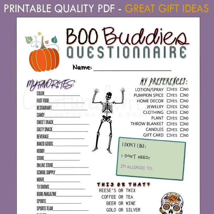 Printable PDF Boo Buddies Questionnaire For Halloween Theme Gift 