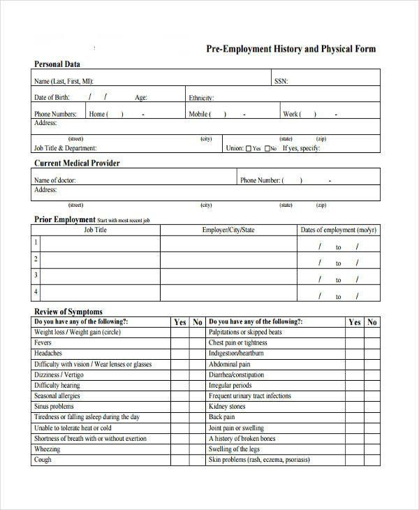 Printable Pre Employment Physical Form