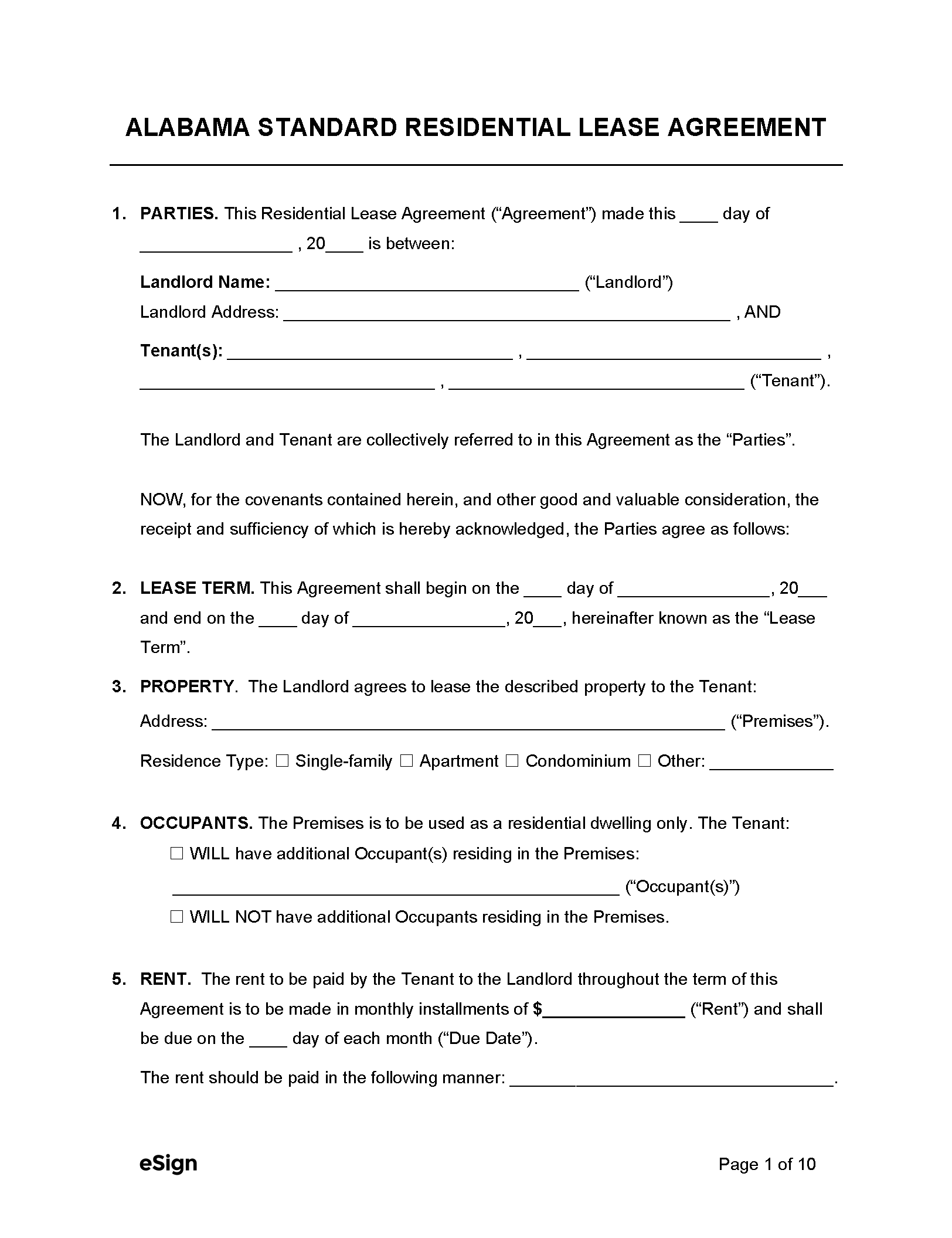 State Of Alabama Residential Lease Agreement Printable Form