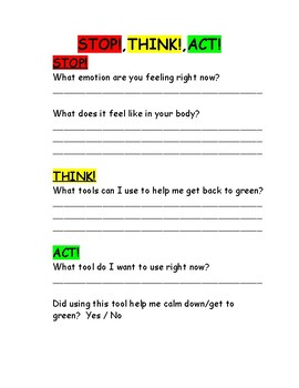 Stop Think Act Emotional Regulation Writing Sheet By Audra 39 s Activities